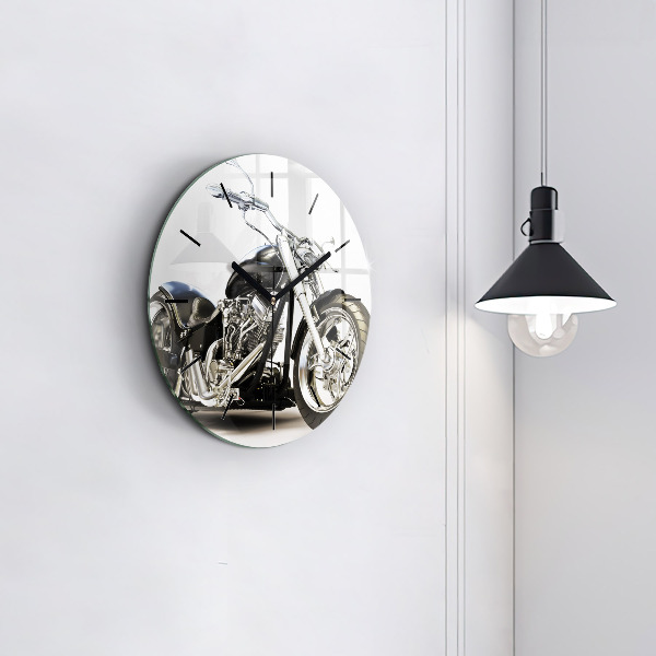 Round glass clock Black motorcycle