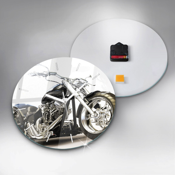 Round glass clock Black motorcycle