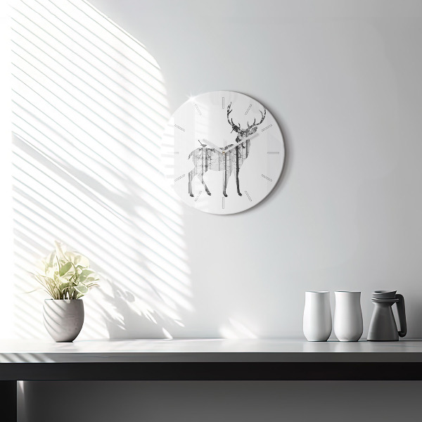 Round glass clock Silhouette of a deer Forest