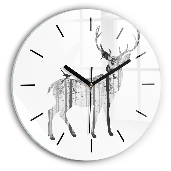 Round glass clock Silhouette of a deer Forest