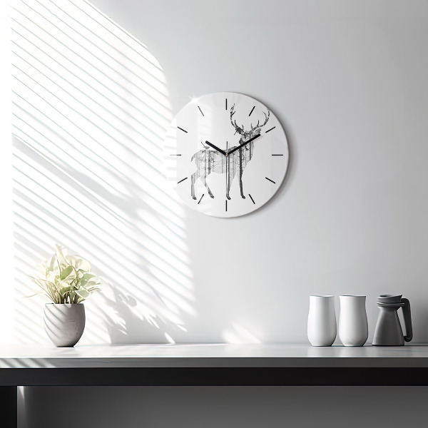 Round glass clock Silhouette of a deer Forest