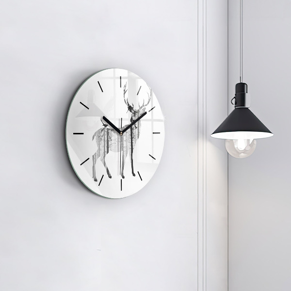 Round glass clock Silhouette of a deer Forest