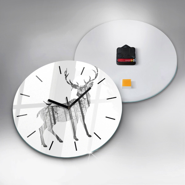 Round glass clock Silhouette of a deer Forest