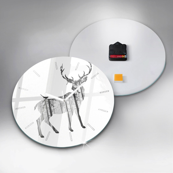 Round glass clock Silhouette of a deer Forest