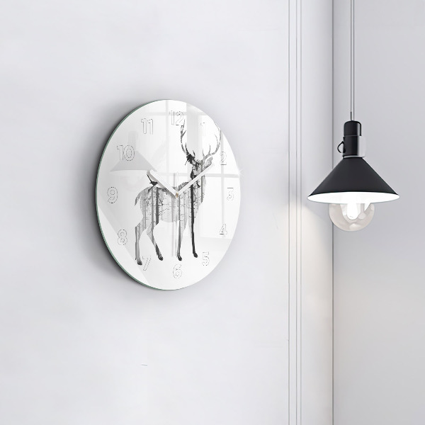 Round glass clock Silhouette of a deer Forest