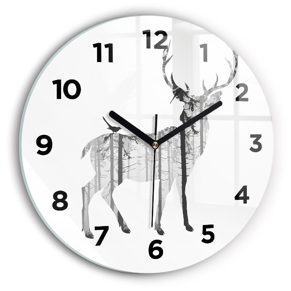 Round glass clock Silhouette of a deer Forest