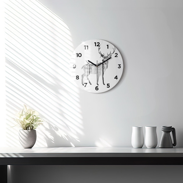 Round glass clock Silhouette of a deer Forest