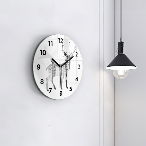 Round glass clock Silhouette of a deer Forest
