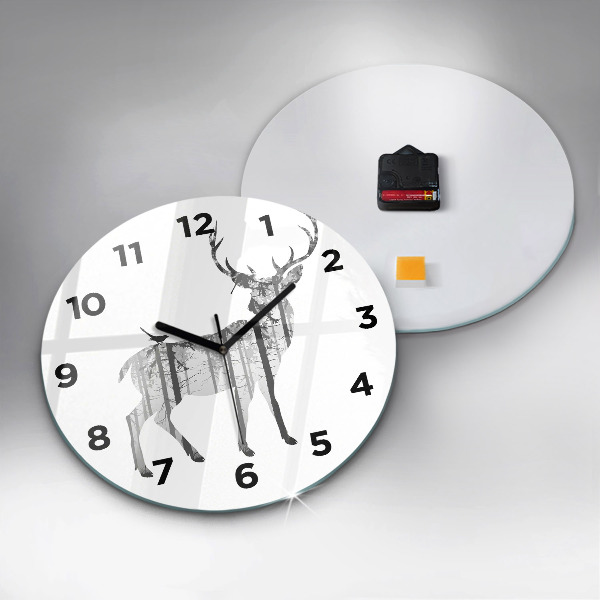 Round glass clock Silhouette of a deer Forest