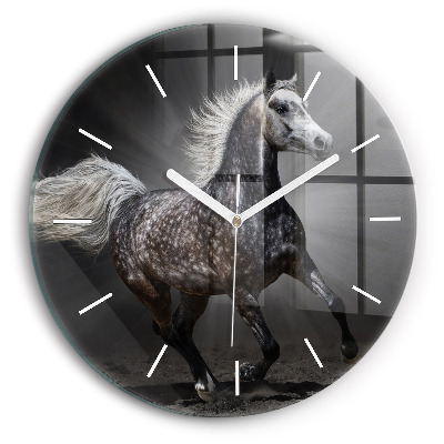 Round glass clock Galloping horse