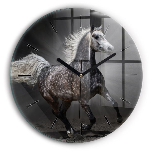 Round glass clock Galloping horse