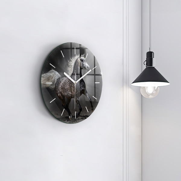 Round glass clock Galloping horse