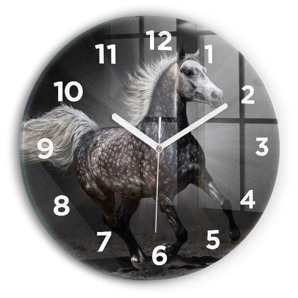 Round glass clock Galloping horse