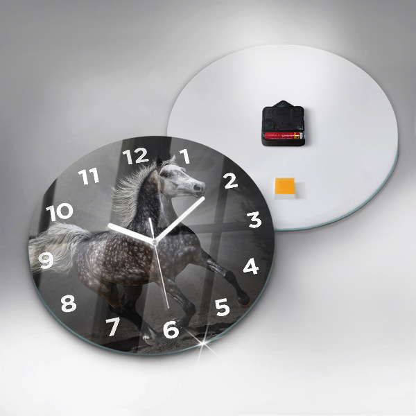 Round glass clock Galloping horse