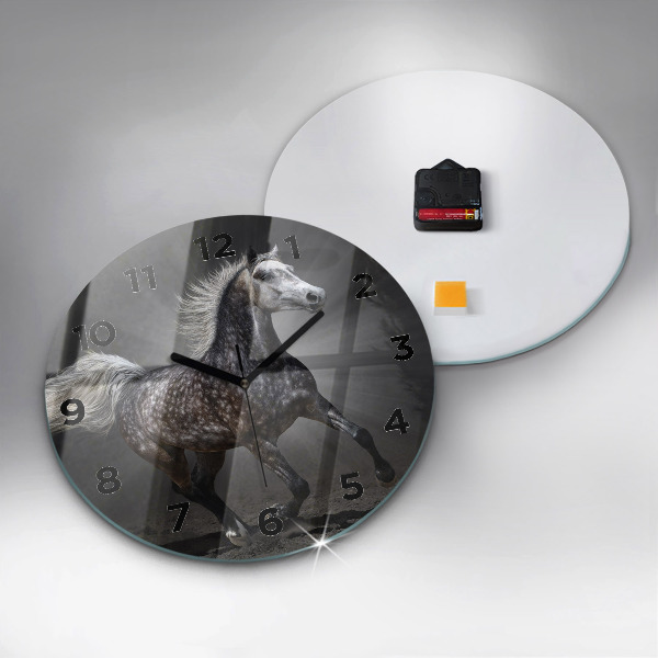 Round glass clock Galloping horse