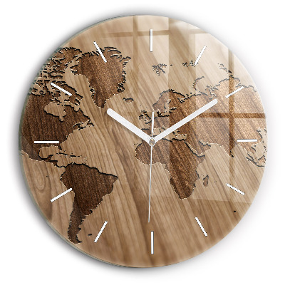 Round glass clock World map on wood