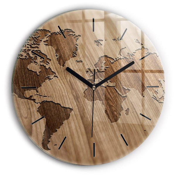 Round glass clock World map on wood