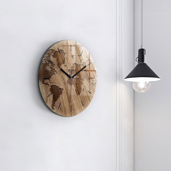 Round glass clock World map on wood