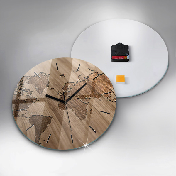 Round glass clock World map on wood