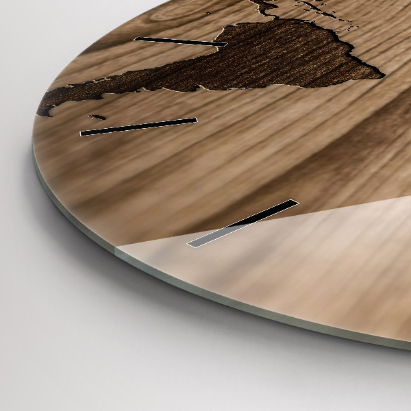 Round glass clock World map on wood