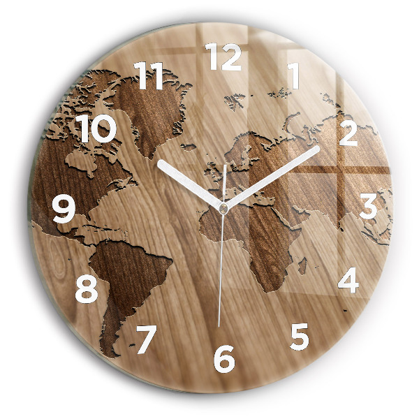 Round glass clock World map on wood