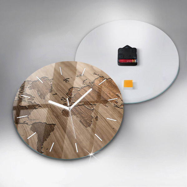 Round glass clock World map on wood