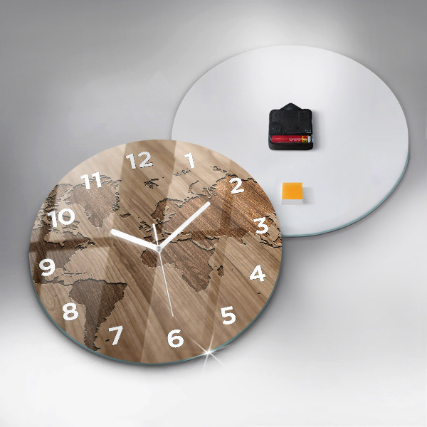 Round glass clock World map on wood