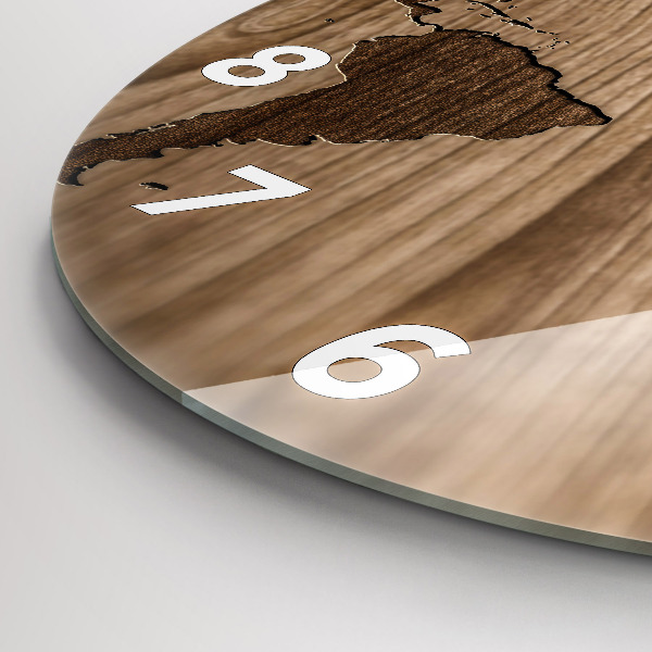 Round glass clock World map on wood