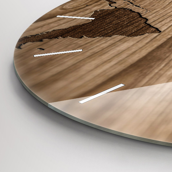 Round glass clock World map on wood