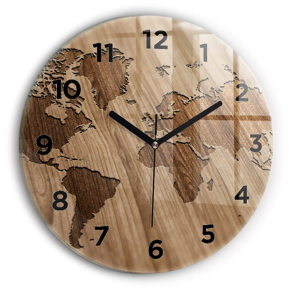 Round glass clock World map on wood
