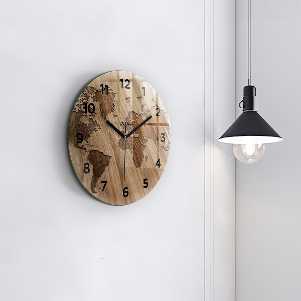 Round glass clock World map on wood