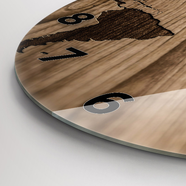 Round glass clock World map on wood