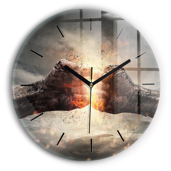 Round glass clock Fists Strength Power