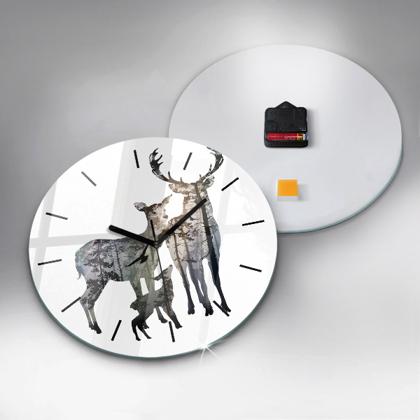 Round glass clock Deer family