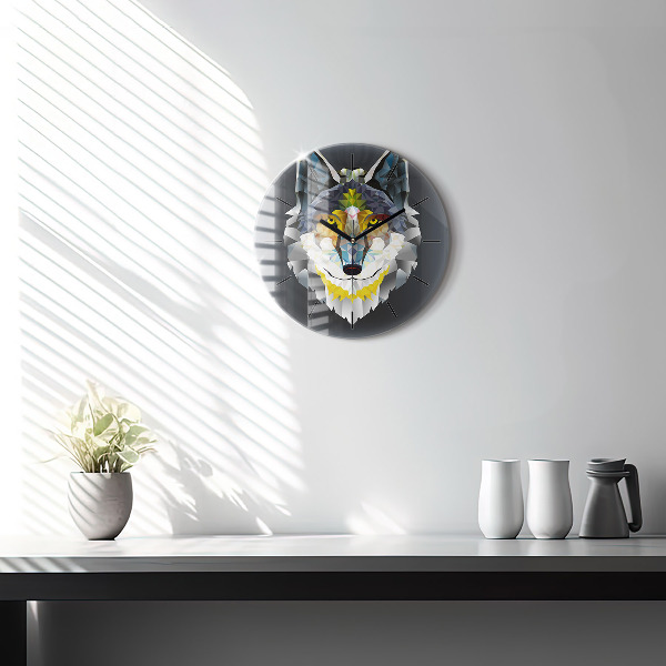 Round glass clock Wolf head