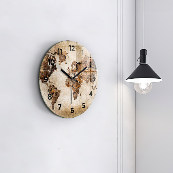 Round glass clock Vintage world map