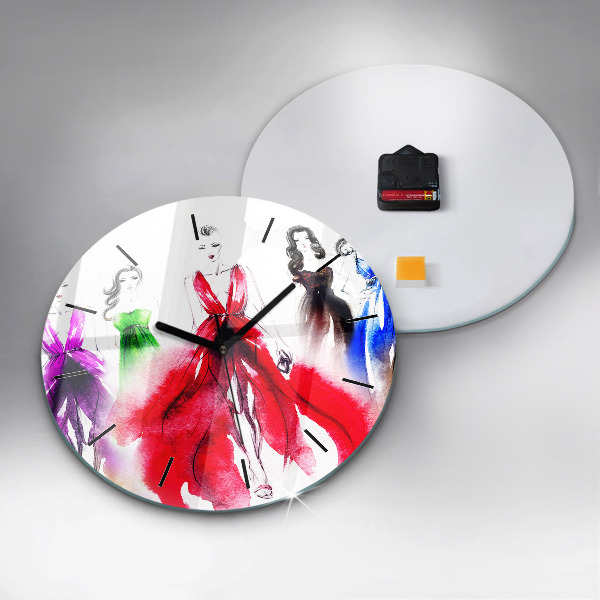 Round glass clock Women in colorful dresses