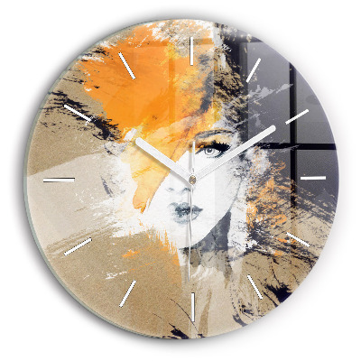 Round glass clock Portrait of a woman abstract