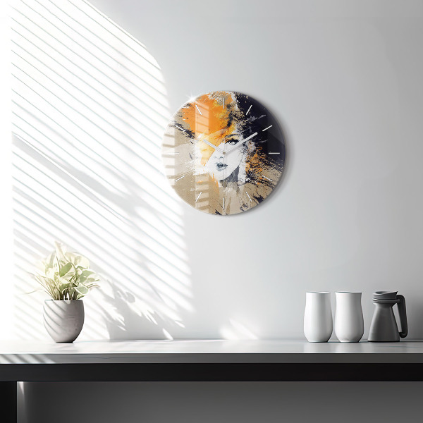 Round glass clock Portrait of a woman abstract
