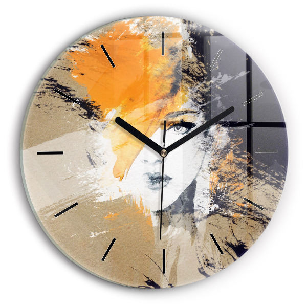 Round glass clock Portrait of a woman abstract