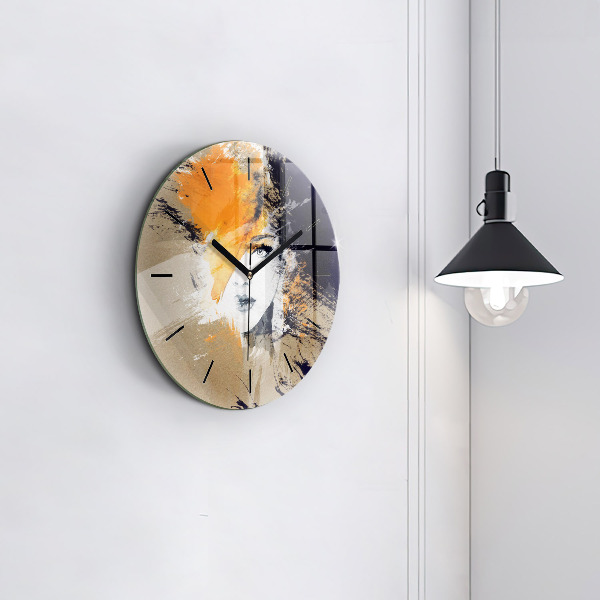 Round glass clock Portrait of a woman abstract