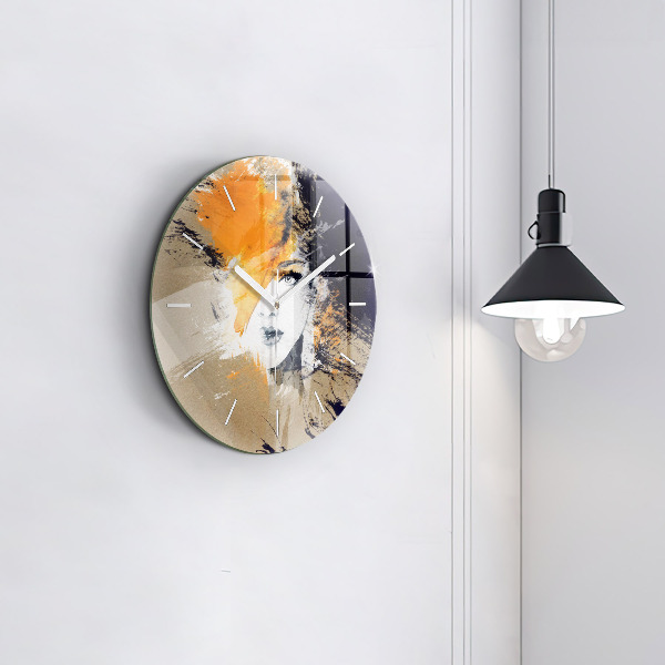 Round glass clock Portrait of a woman abstract