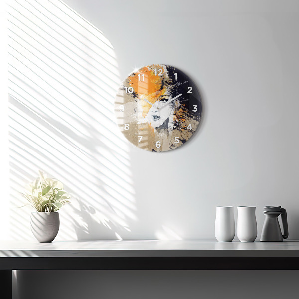 Round glass clock Portrait of a woman abstract