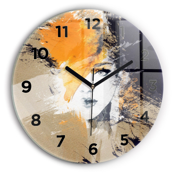 Round glass clock Portrait of a woman abstract