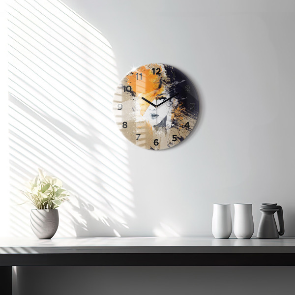Round glass clock Portrait of a woman abstract