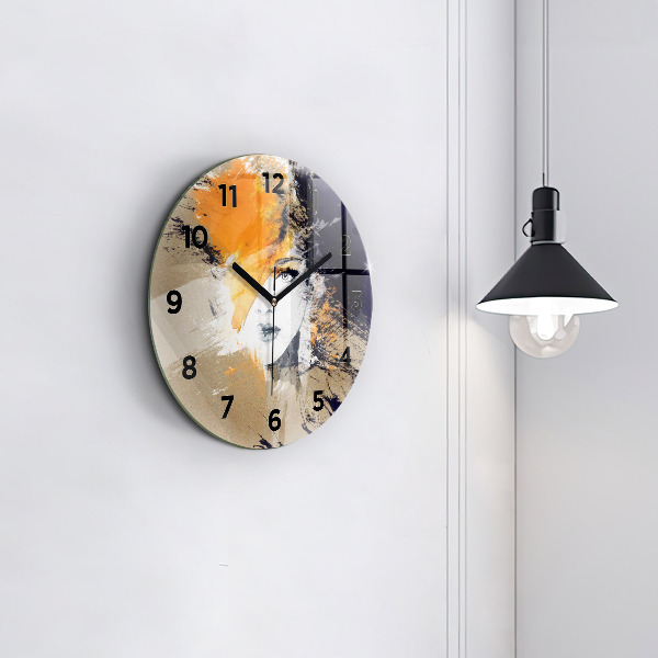 Round glass clock Portrait of a woman abstract