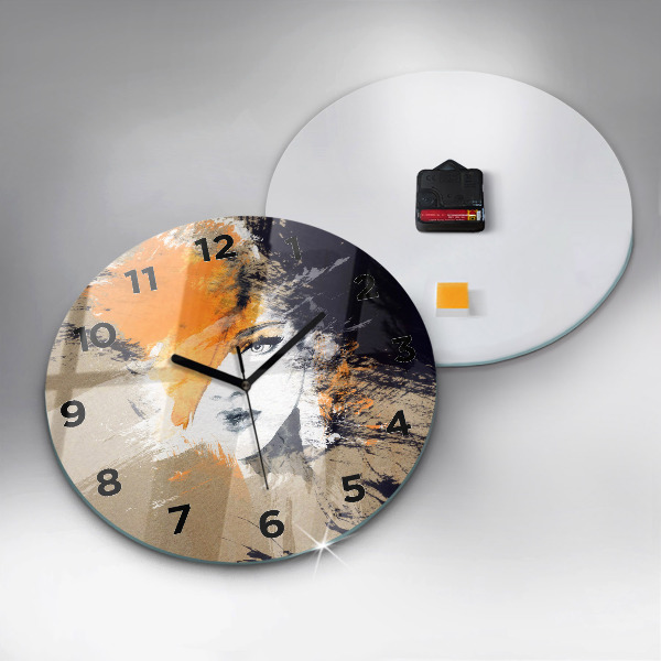 Round glass clock Portrait of a woman abstract