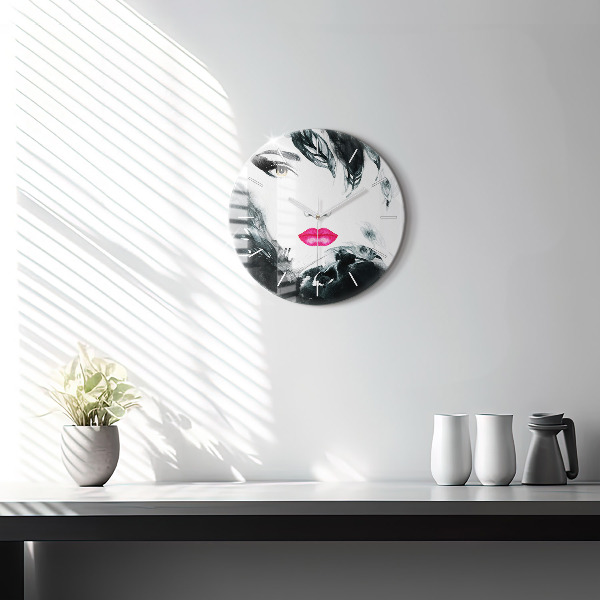 Round glass clock Portrait of a woman red lips
