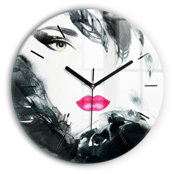 Round glass clock Portrait of a woman red lips