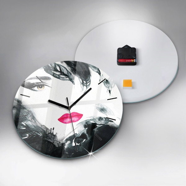 Round glass clock Portrait of a woman red lips